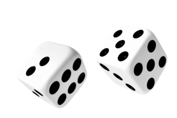 Dynamic White Dice Tumbling for Luck Chance and Risk in Business Gaming Finance and Strategic Decisions, Isolated on White Background, PNG
