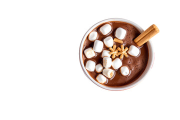 Delicious Hot Chocolate with Marshmallows and Cinnamon Stick. Perfect Winter Drink for Holiday Ads, Cozy Comfort, and Festive Recipes, Isolated on White Background, PNG