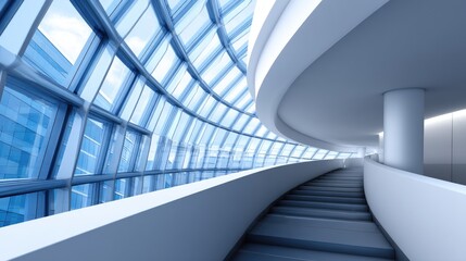 Fototapeta premium Modern architectural interior featuring a curved staircase with large glass windows, creating a bright and open atmosphere in a contemporary building design