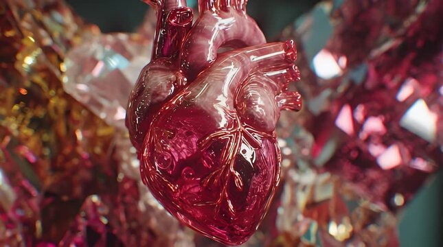 A shiny red heart sculpture hangs surrounded by colorful crystal-like objects indoors.