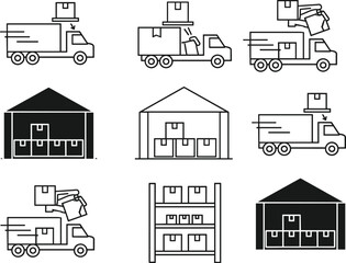 Naklejka premium Minimal line delivery and warehouse icon set with trucks, packages and storage for shipping service, ecommerce infographic and logistics design