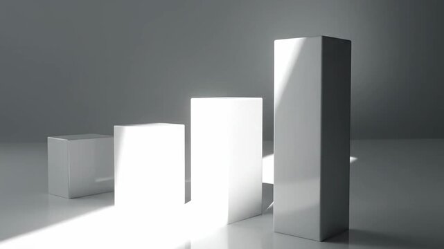 Abstract 3D render of white cubes in increasing size order on reflective surface.