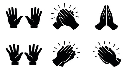 Solid icon hand set featuring open palms, clapping, and praying hands for communication and expression