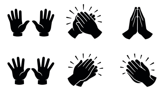 Solid icon hand set featuring open palms, clapping, and praying hands for communication and expression
