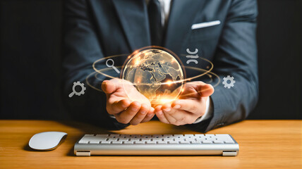 Future of global business, showcasing technological integration, data insights, and strategic digital transformation for success