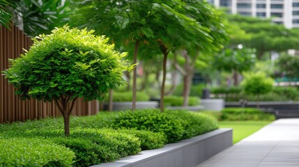 Obraz premium Lush Green Landscape in Urban Park Featuring Vibrant Trees and Neatly Trimmed Hedges Under Clear Blue Sky and Filtered Sunlight