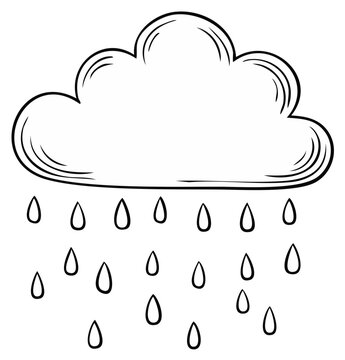Cloud with rain, black and white line art, weather illustration, cartoon style.