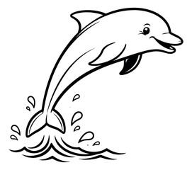 Fototapeta premium Hand drawn line art illustration of a smiling dolphin depicting it jumping from waves for marine themed designs