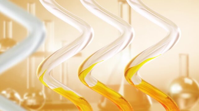 Golden Liquid Oil  Flowing in test tube, Beauty cosmetics background, 3D animation