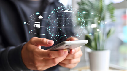 Global connectivity and digital payments on a smartphone, futuristic technology concept