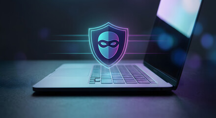 cyber security concept with glowing neon shield and hacker mask icon hovering over laptop keyboard representing data protection firewall antivirus and digital privacy safety