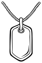 Fototapeta premium Military ID tag pendant hangs, outlined illustration on silver chain, clean cartoon badge design.