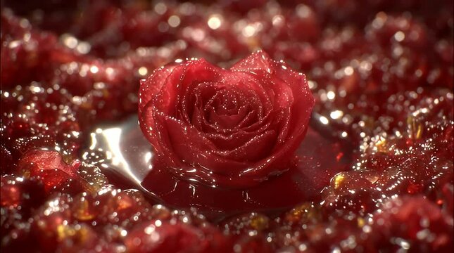 A red rose sits on a bed of crushed raspberries with juice.