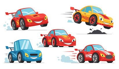 Naklejka premium Cute racing car cartoon flat vector illustration set isolated on transparent background