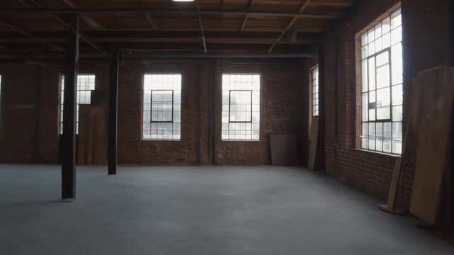 Empty Industrial Loft Space with Large Windows and Concrete Floor.
