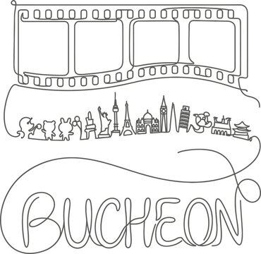 Bucheon international film festival and world landmarks one line vector illustration