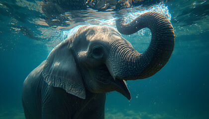 An adult elephant is seen swimming in clear water from an underwater perspective. Its trunk is raised above the water's surface to breathe.