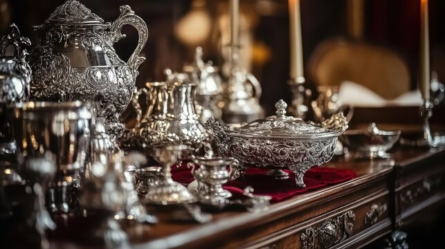 A Gleaming Collection of Antique Silver Serving Bowls and Tableware Displayed Elegantly on a Rich Wooden Table