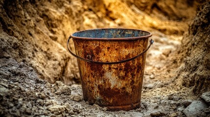 Fototapeta premium A heavily rusted metal bucket sits abandoned in a dry dusty ditch with rough textured ground in the background