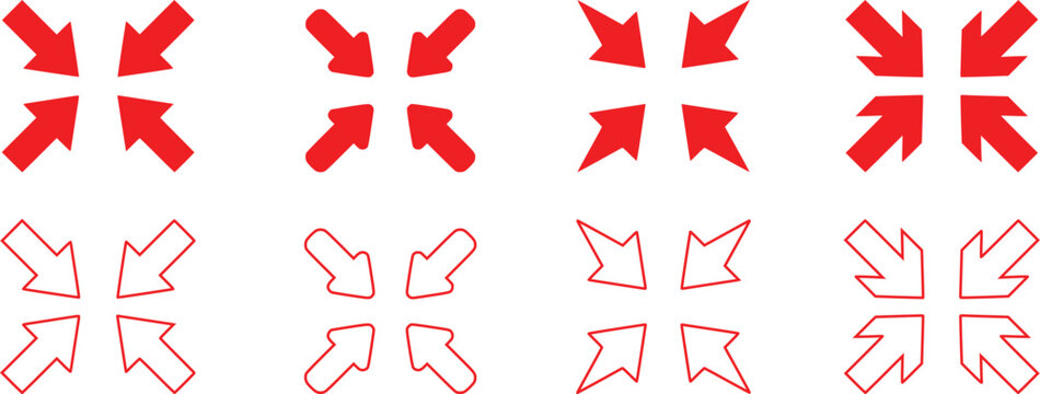 Inward Direction Arrows Icon Set, Converging Red Arrows Pointing to Center, Focus and Target Concept, Minimal Flat Vector Illustration