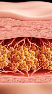 Microscopic view of subcutaneous fat cells and blood vessels
