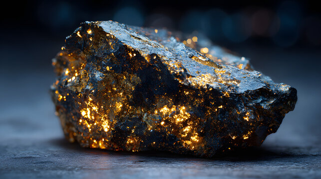 Gold ore rock mineral macro photography glowing texture, cinematic closeup of raw metallic stone with golden sparkle on dark background, copy space