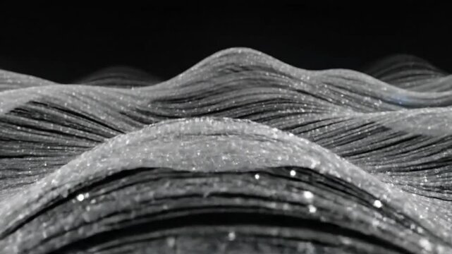 Abstract silver waves flowing smoothly against a dark background, creating a mesmerizing visual.