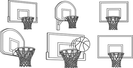Basketball hoop and backboard vector line icons, sports equipment set with net and ball, isolated court elements for competition, game, and training designs.Basketball hoop and backb © MdAzizulHaque