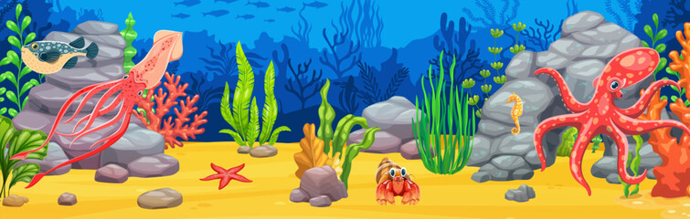 Underwater landscape, game background with squid and octopus cartoon characters. Vector sea water animals and fish at ocean underwater landscape background with corals, seaweeds, starfish and crab © Vector Tradition