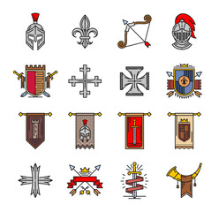 Armor, coat of arms and crosses, heraldry color line icons. Vector shields and pennant flags with medieval royal heraldry line icons of color helmets, swords and arrows, victorian lily, crown and horn