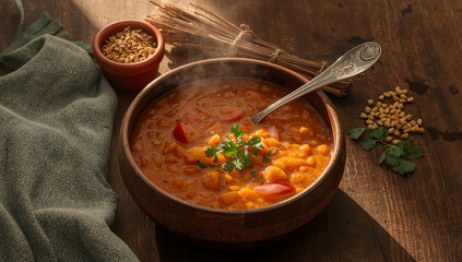 旅先の田舎台所を思わせる木目の卓上で湯気立つレンズ豆スープを温かな光で描写、人物なし