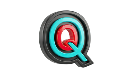 3D Render of the Letter Q with Red, Teal, and Black Rings
