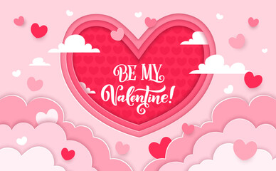 Naklejka premium Paper cut Valentine Day heart at pink love sky clouds vector 3d background. Pink heart frame with romantic love holiday Be My Valentine quote phrase and paper cut layered clouds border, greeting card