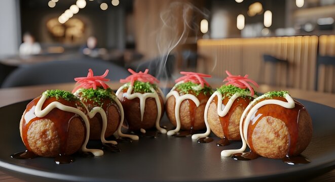 Steaming Hot Japanese Takoyaki on Black Plate with Sauce, Mayonnaise Drizzle, Aonori and Pickled Ginger