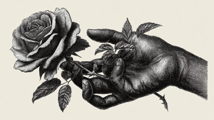 A delicate hand presenting a single, beautiful rose. The hand is meticulously drawn, showcasing intricate detail and texture, with the rose bloom at its best