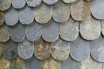 Abstract grey stone shingles pattern on a vintage architectural wall © machilda