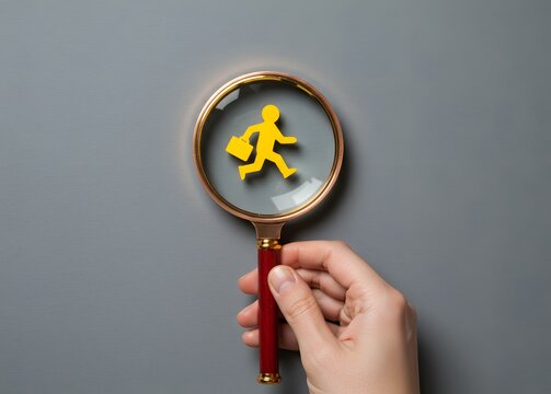Magnifying glass and running man with briefcase in focus. Flight of businesses and investors. Migration of labor. Corporate relocation and skilled worker shortages. Best talent search for job markets.