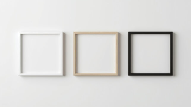 Minimalist mockup of three empty square picture frames (thin white, natural light wood, matte black) aligned on a light neutral wall. Features a clean modern design with smooth surfaces, subtle depth,