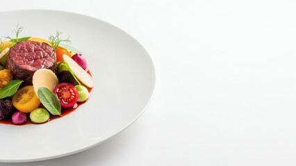 Appetizing food dish positioned to the left, clean white background