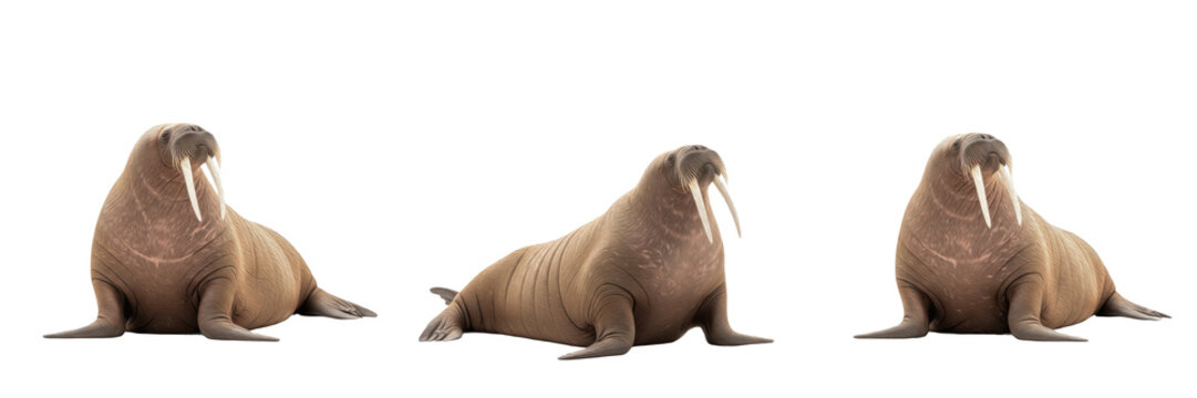 Walrus Animal Set Showing Three Full Body Poses Isolated on White Background