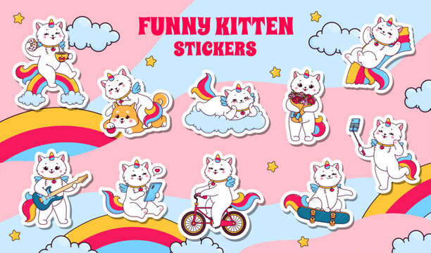 Cartoon caticorn cat and unicorn kitten characters stickers pack at rainbow sky and cloud vector background. Kawaii caticorn playing guitar, riding bike and skateboard. Funny unicorn cat sticker set