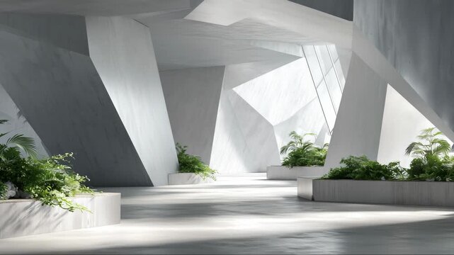 Modern concrete atrium with planters and skylight