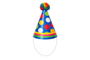 Blue party hat with colorful polka dots, striped brim, and fuzzy pom-pom on top, celebrating birthdays and events