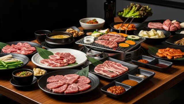 Gathering around a wooden table, Korean barbecue meats and fresh vegetables shine under lighting, inviting shared feast in a cozy room.