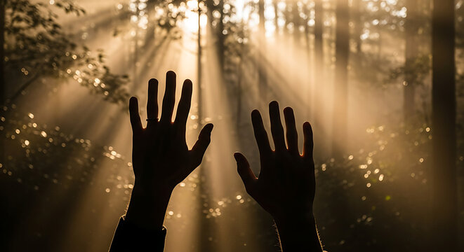 Reaching for the light hands uplifted in a sun-drenched forest, symbolizing hope and spiritual connection