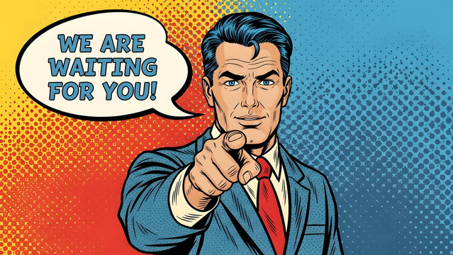 Vintage pop art vector of professional businessman in suit pointing index finger forward for recruitment promotion advertisement. Energetic male character recruiting for hiring and job vacancy.