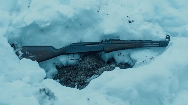 A tarnished Soviet bayonet fixed to a Mosin Nagant rifle rests in the snow during winter