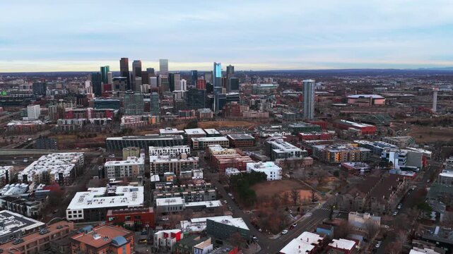 Downtown Denver Lodo skyline cityscape skyscrapers buildings winter Colorado aerial drone Highlands Park grey skies sunset interstate i25 traffic cars highway front range Rocky Mountains static shot