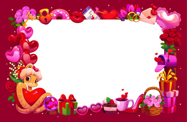 Fototapeta premium Valentine Day greetings frame with love hearts, gift boxes and cute snake characters vector borders. Cartoon Valentines Day holiday greeting card with rose flowers, pierced heart and love letter