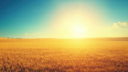 Obraz premium A vast golden wheat field bathed in warm sunlight under a clear blue sky during a serene summer day